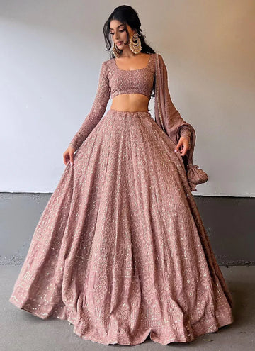Designer light brown embroidered thread work georgette lehenga choli.